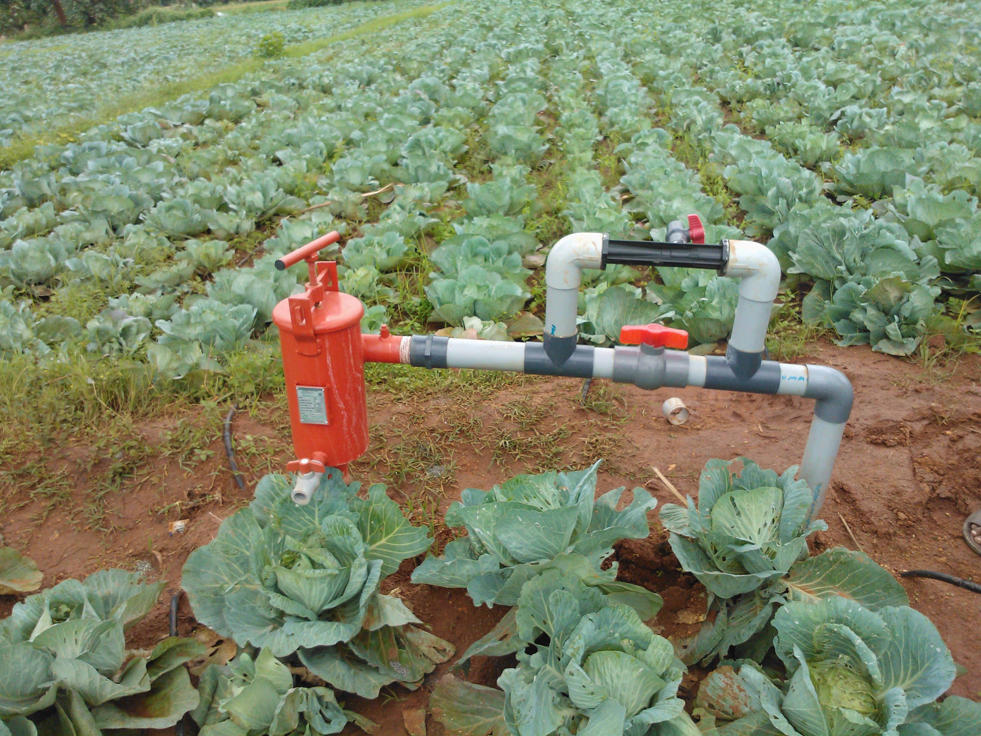 Engineers reviewing irrigation project plans at a farm site